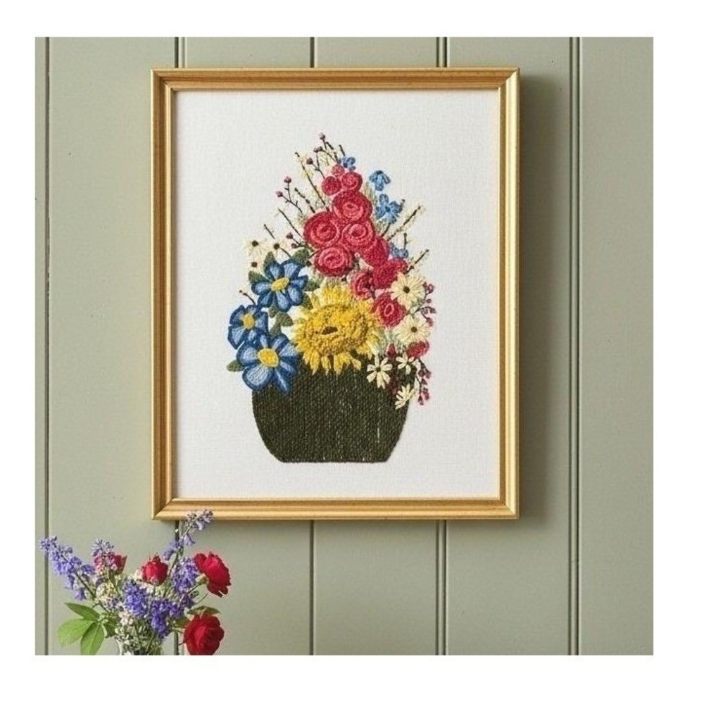 Vintage Hand Stitched Crewel Embroidery Framed Wall Art, Colorful Floral Textile